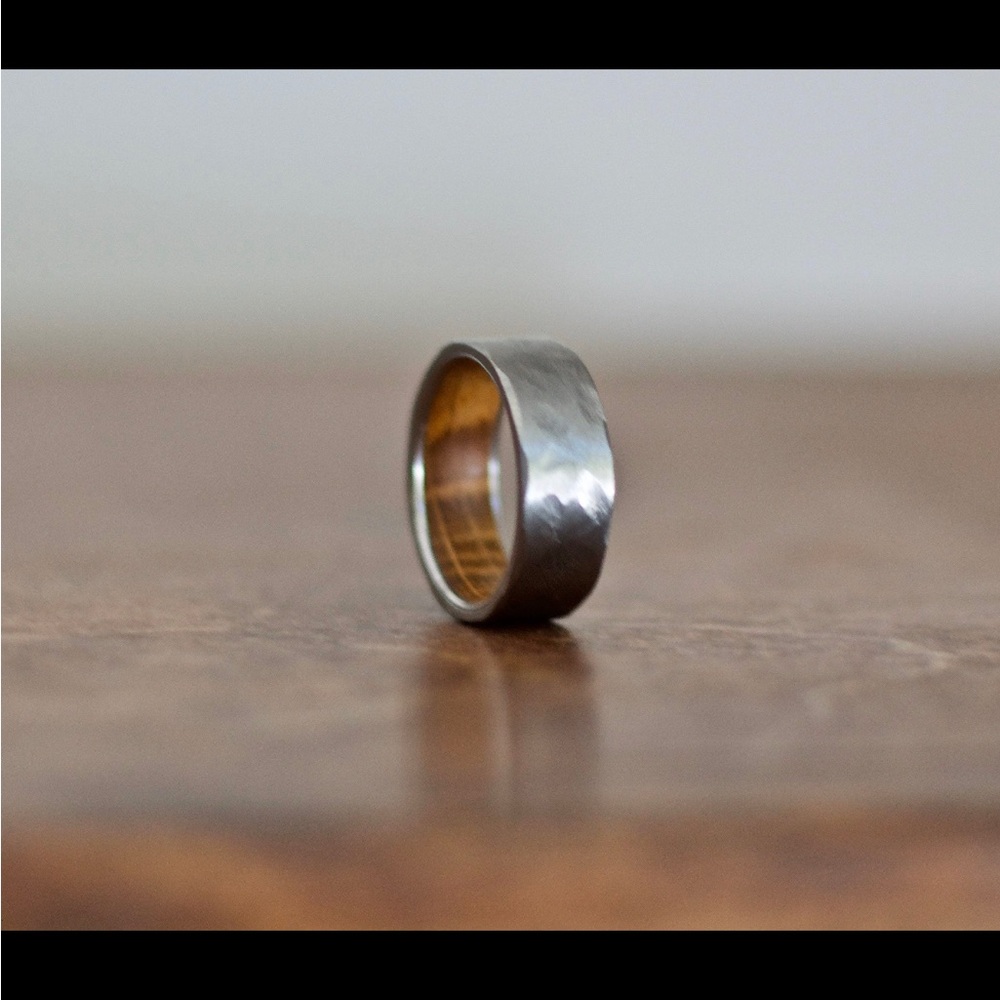 Titanium Whiskey Barrel Wedding Ring Size 8 Men’s Wood Hammered Wedding Band